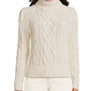 Land's End Drifter Sweater Fisherman Cable Knit Cream Turtleneck Ribbed Cotton